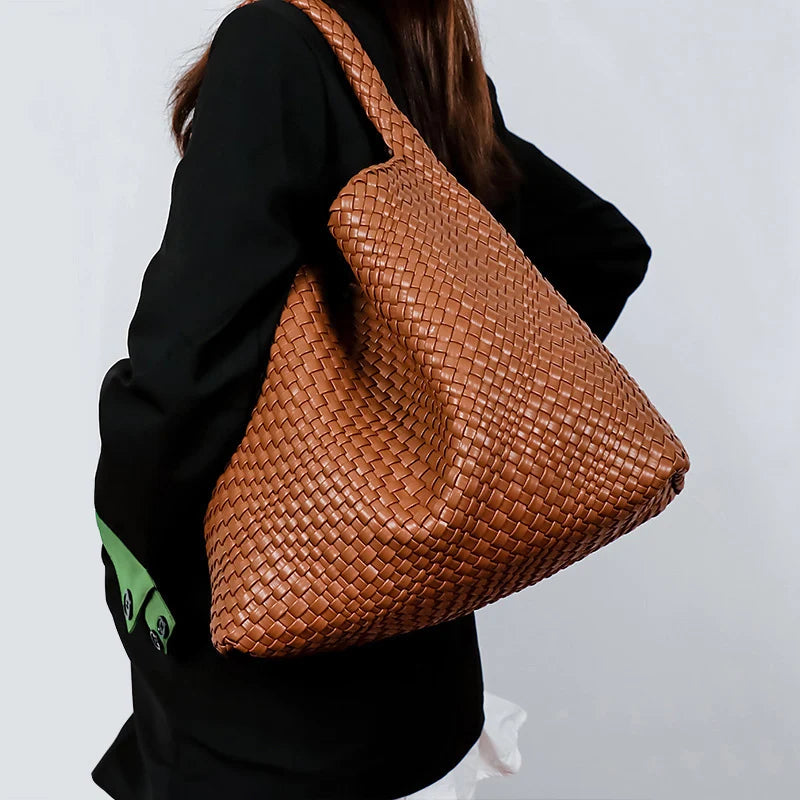 2025 Women Bag Luxury PU Leather Handbag Lady Fashion Handmade Knitting Tote Female Hand-woven Basket Shoulder Bag with Purse