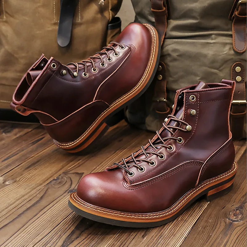 KOWM Hiking shoes men's walking boots British cowhide high top motorcycle boots ankle casual sneakers trekking shoes thick soled