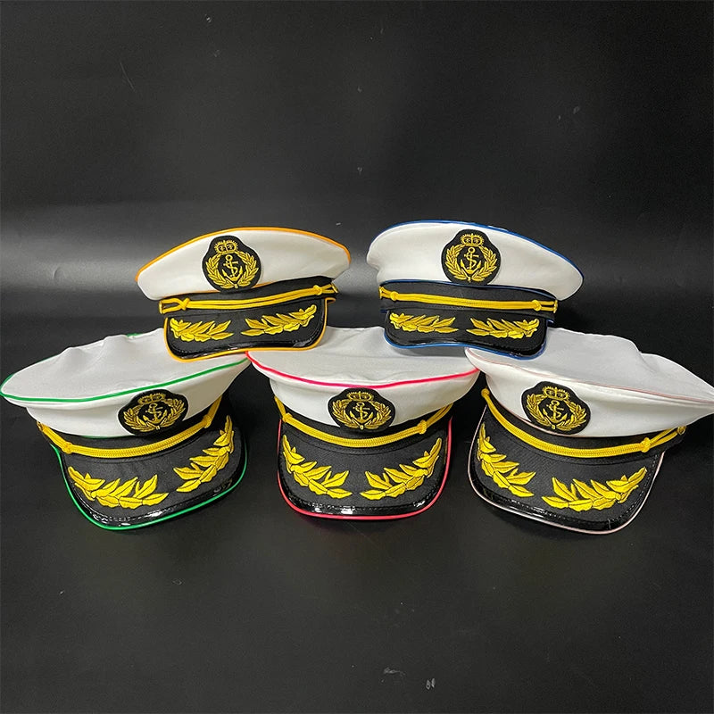 New Luminous White Sailor Captain Yacht Caps Wheat Embroidery LED Glow Navy Marine Hat Men Women Cosplay Halloween Costume Hats