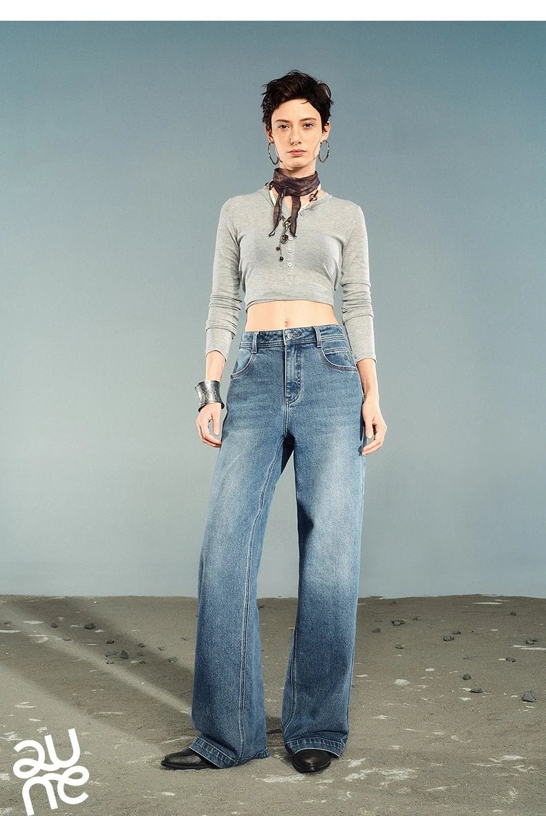 TOYOUTH Women Denim Jeans 2025 Autumn New Lycra Stretch Washed Wide Leg Straight Long Pants