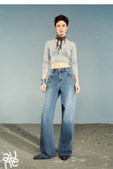 TOYOUTH Women Denim Jeans 2025 Autumn New Lycra Stretch Washed Wide Leg Straight Long Pants