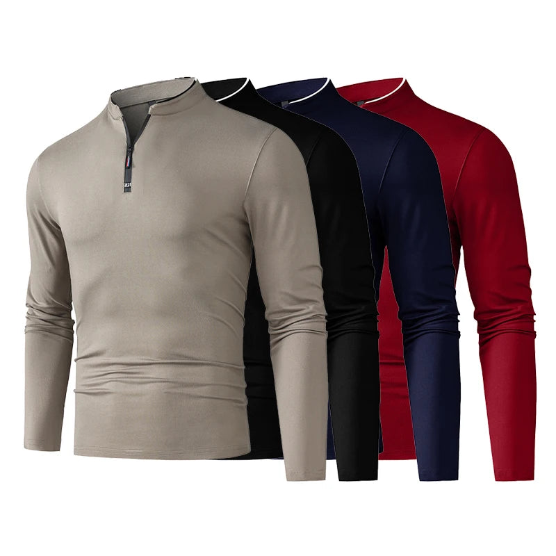 Men's Zipper Polo Shirt – Solid Color Long Sleeve