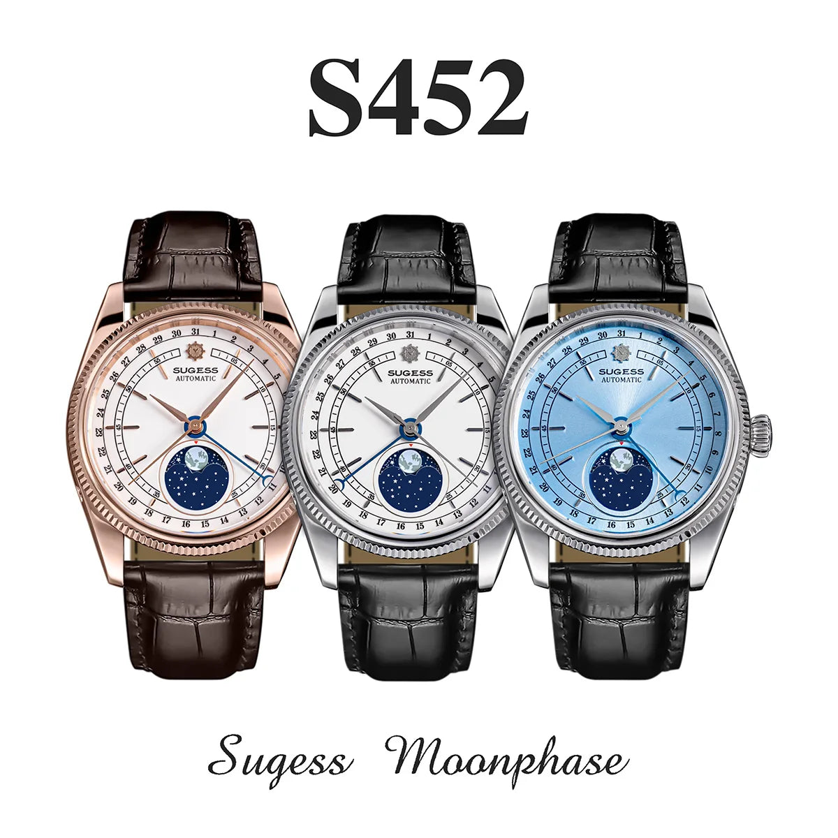 Sugess 40mm Watch of Men Moonphase Automatic ST2108 Movement Sapphire Crystal Mechanical Wristwatches Waterproof Date S452