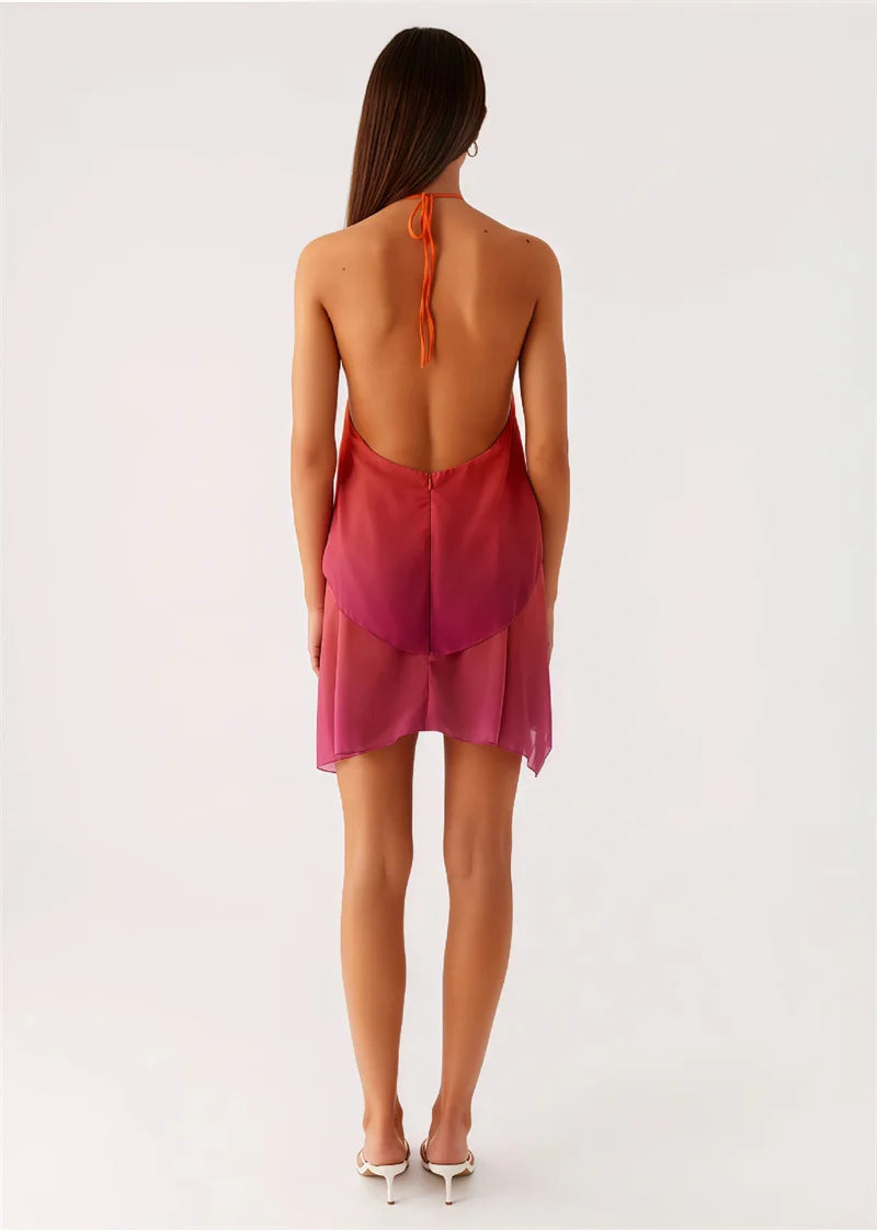 Women's Gradient Halter Backless Mini Dress – Elegant Mesh Off-Shoulder Party Gown