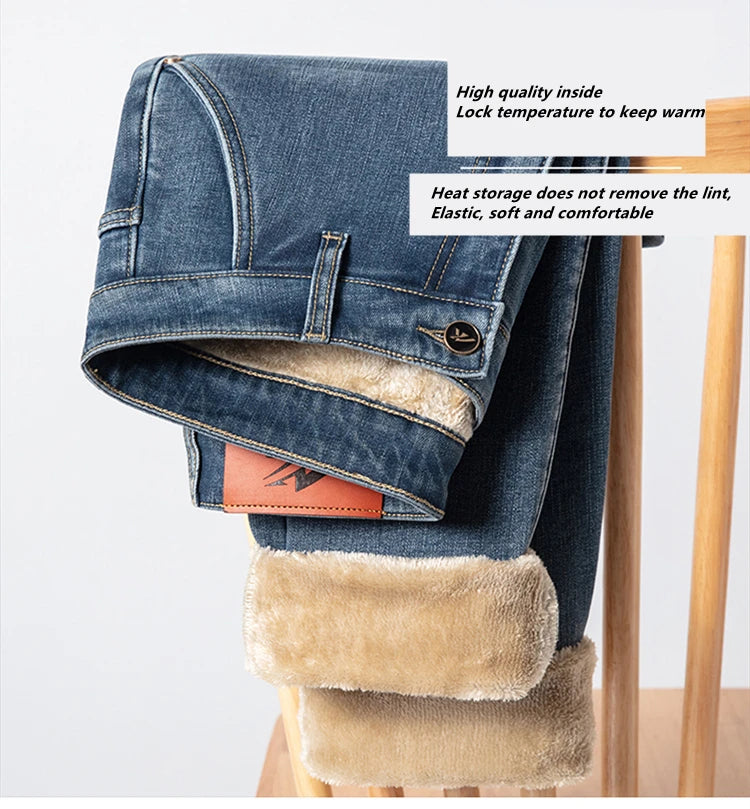 2025 Winter New Men's Fleece Thickened Jeans Retro Blue Hot Straight Casual Pants Stretch Premium Velvet Warm Denim Pants