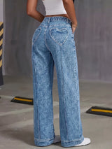 Women's High Waist Wide Leg Heart Pocket Jeans