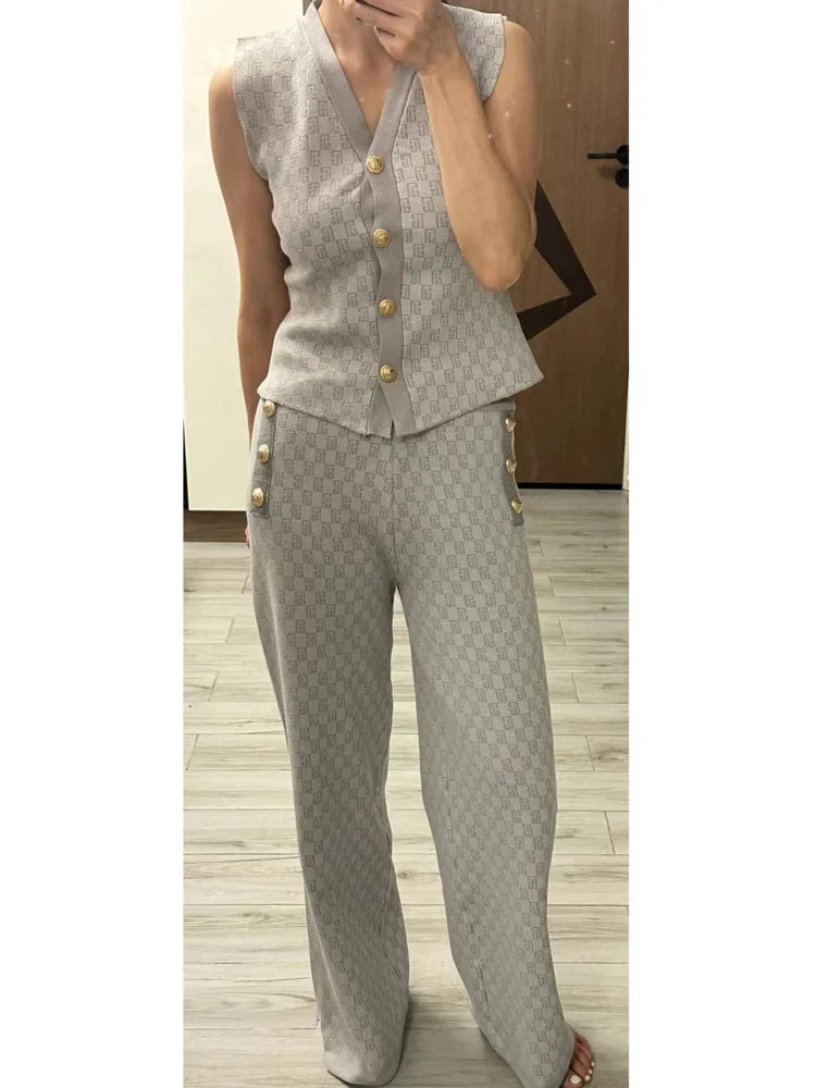 French Style 3-Piece Jacquard Knit Pant Suit – Elegant Vest, Cardigan & Wide-Leg Trousers