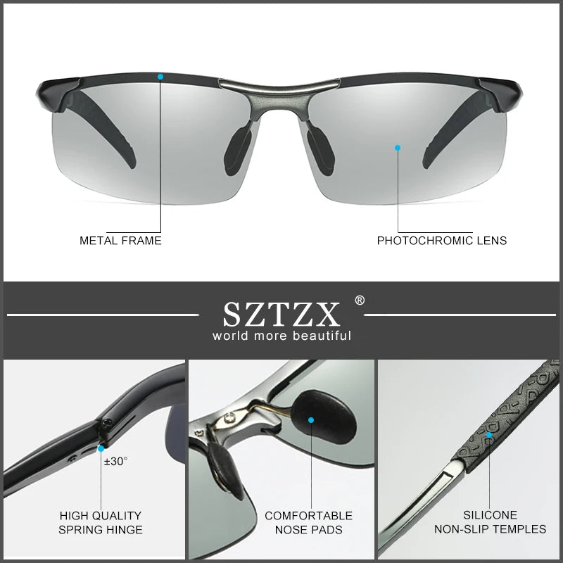 SZTZX Aluminium Rimless Outdoor Sport Photochromic Sunglasses Men Polarized  Anti-UV Driving Fishing Glasses Cycling Goggle