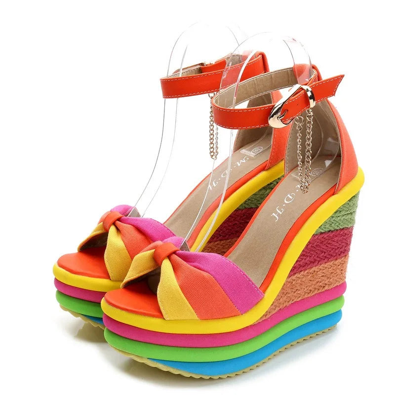 Women's Wide-Size Wedge Platform Sandals — Colorful Buckle Strap Gladiator