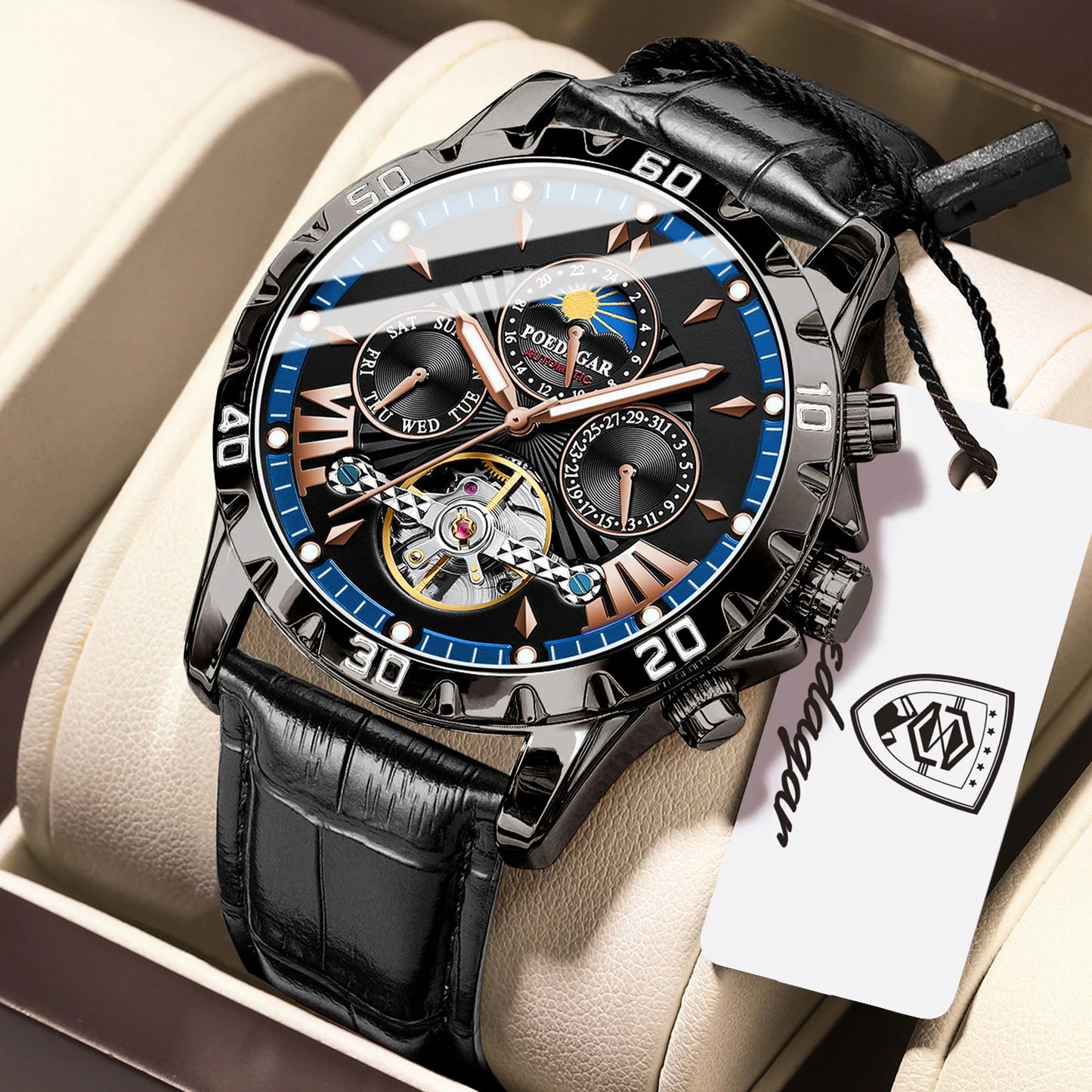 POEDAGAR Luxury Automatic Male Watch Date Week Luminous Waterproof Tourbillon Men Watch Leather Fashion Mechanical Men's Watches