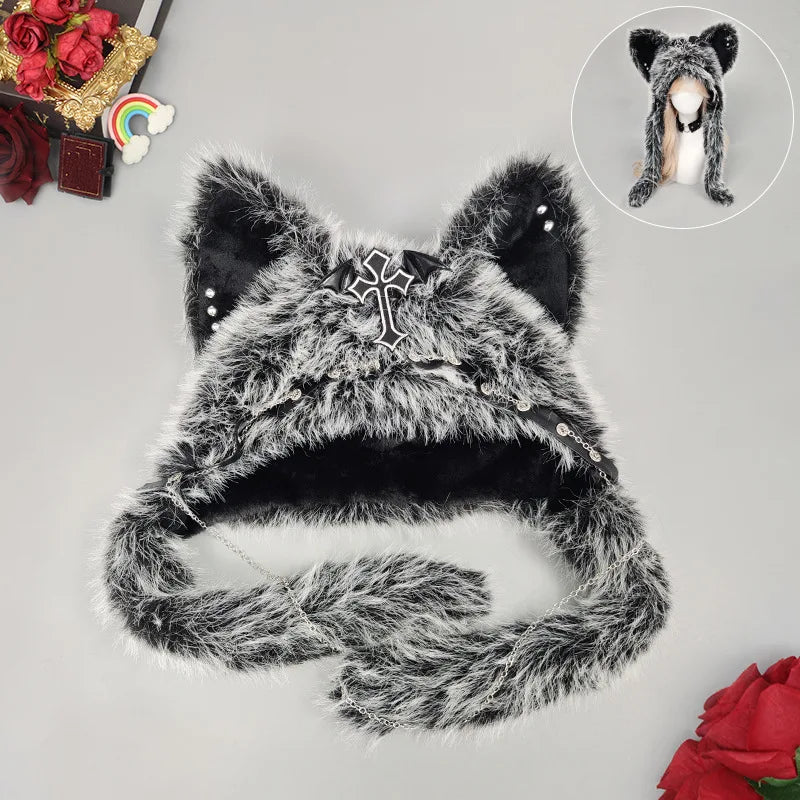 Gothic Plush Cat Ear Beanie – Y2K Punk Warm Cap