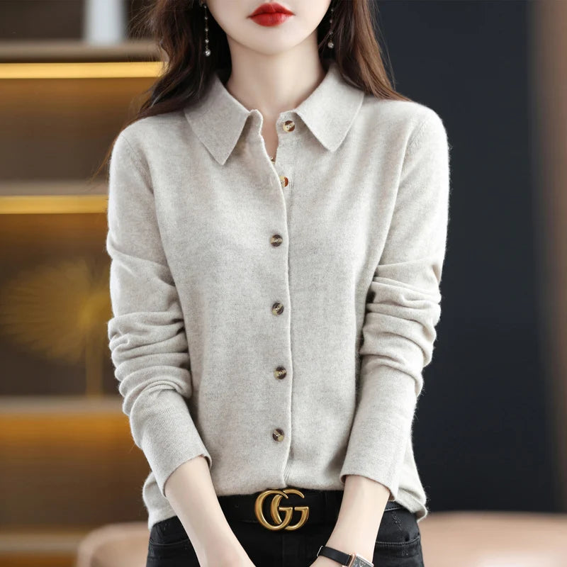 Polo Collar Spun Wool Cardigan – Elegant Single-Breasted Knit Jacket