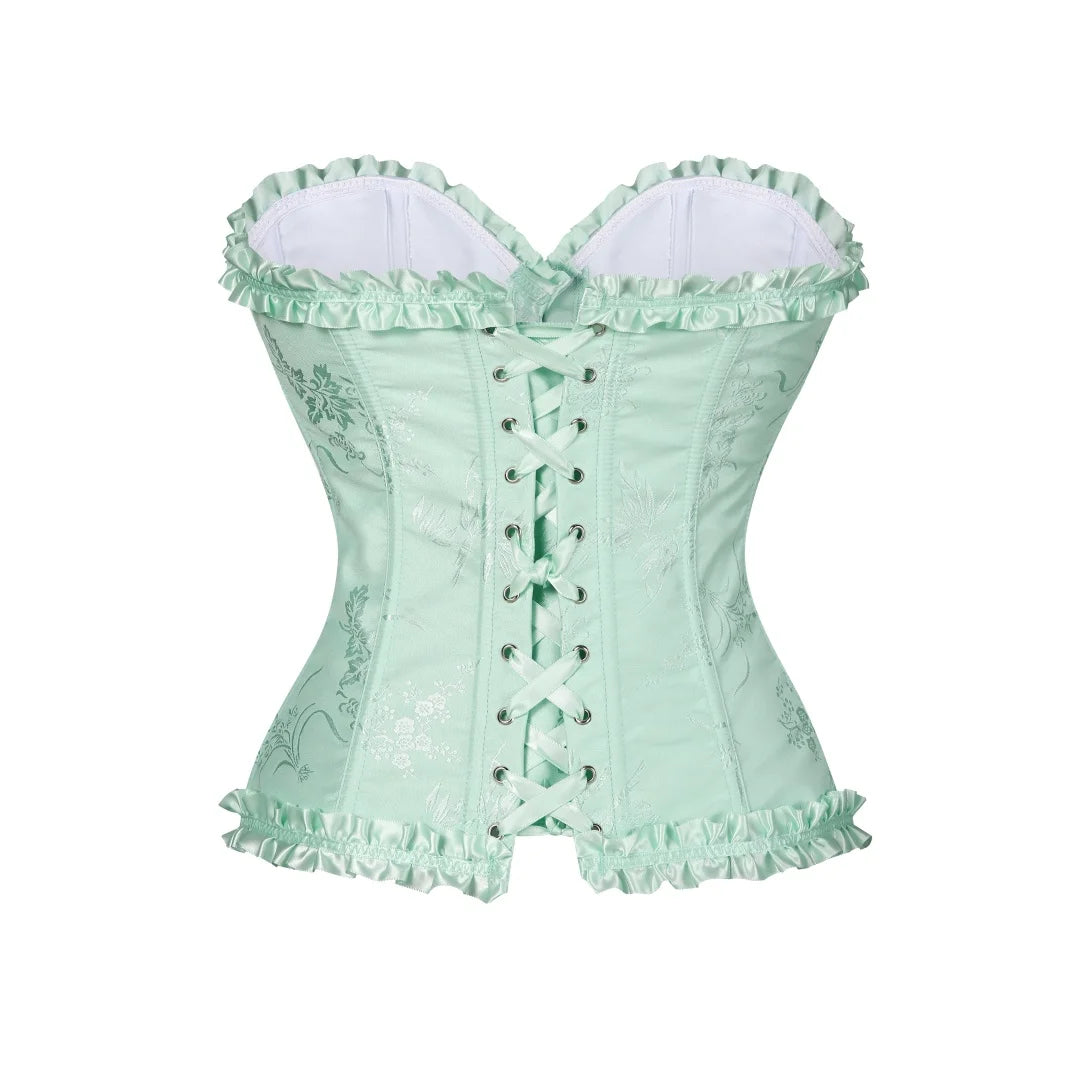 USA-Made Jacquard Ruffled Overbust Corset – Gothic Victorian Push-Up Bustier
