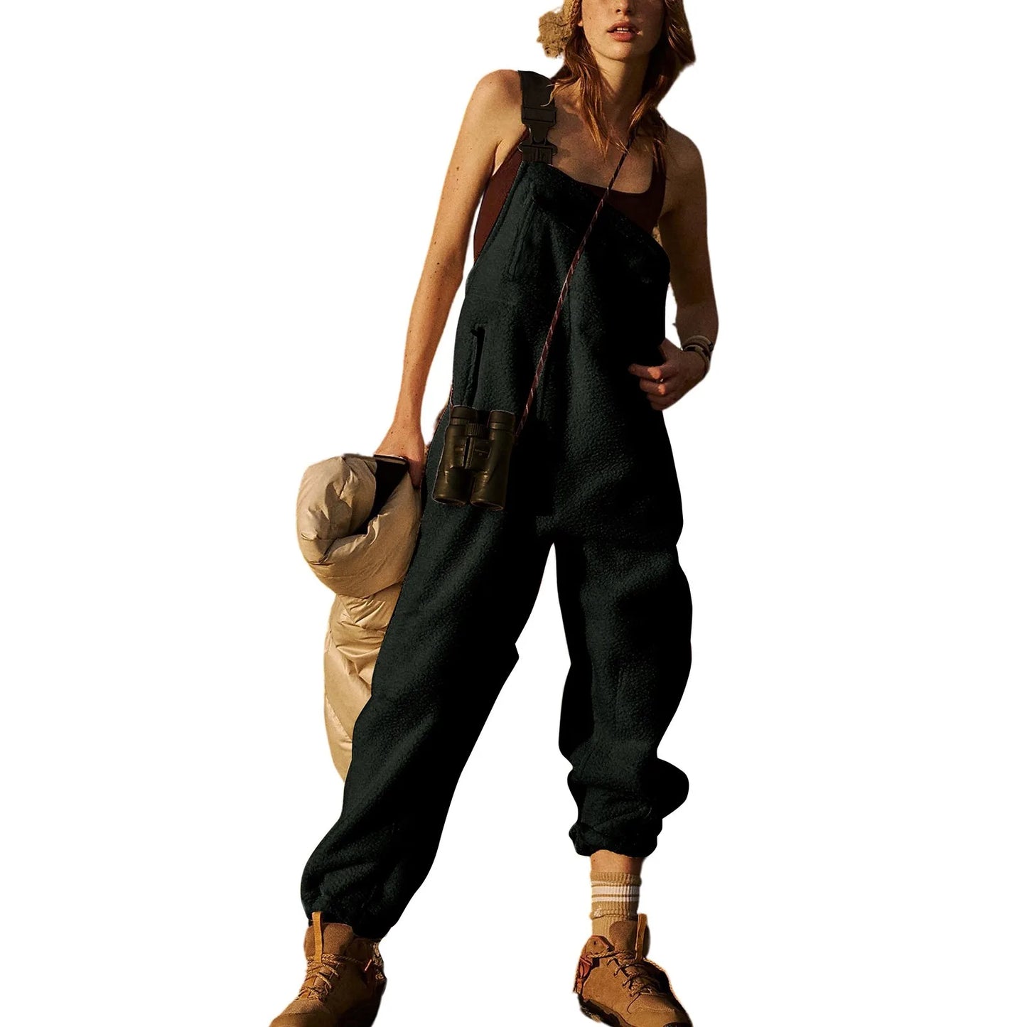 Fleece Bib Overalls - Adjustable Warm Winter Fuzzy Jumpsuit & Ski Pants