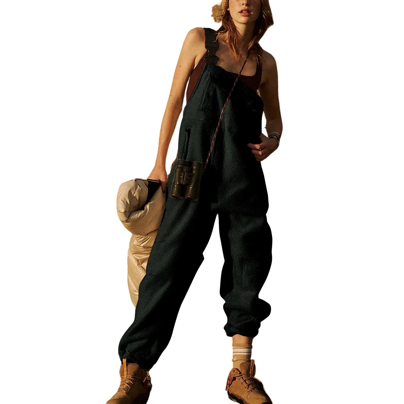 Fleece Bib Overalls - Adjustable Warm Winter Fuzzy Jumpsuit & Ski Pants
