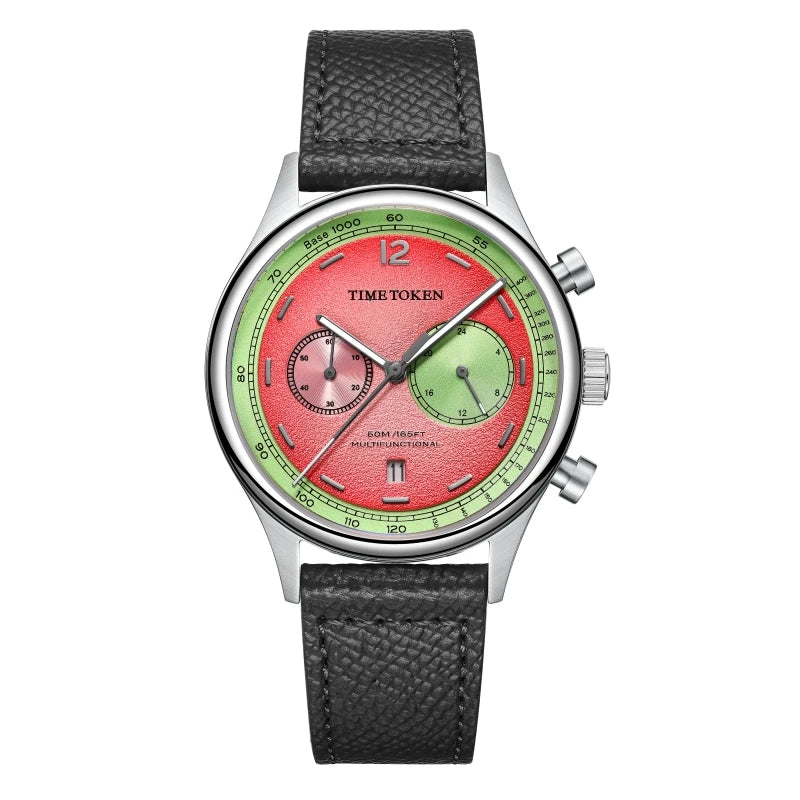 TIMETOKEN New T501GS Mens Watch Japan Miyota OS21 Movement Watermelon Dial Waterproof Chronograph Domed Sapphire Calendar Style
