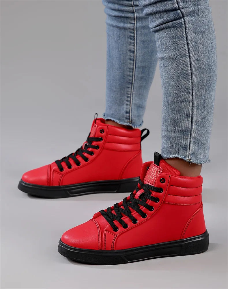2026 Spring Fashion Red Men's Sneakers High Top Skateboarding Shoes for Men Women Comfortable Unisex Leather Sneakers Size 35-46