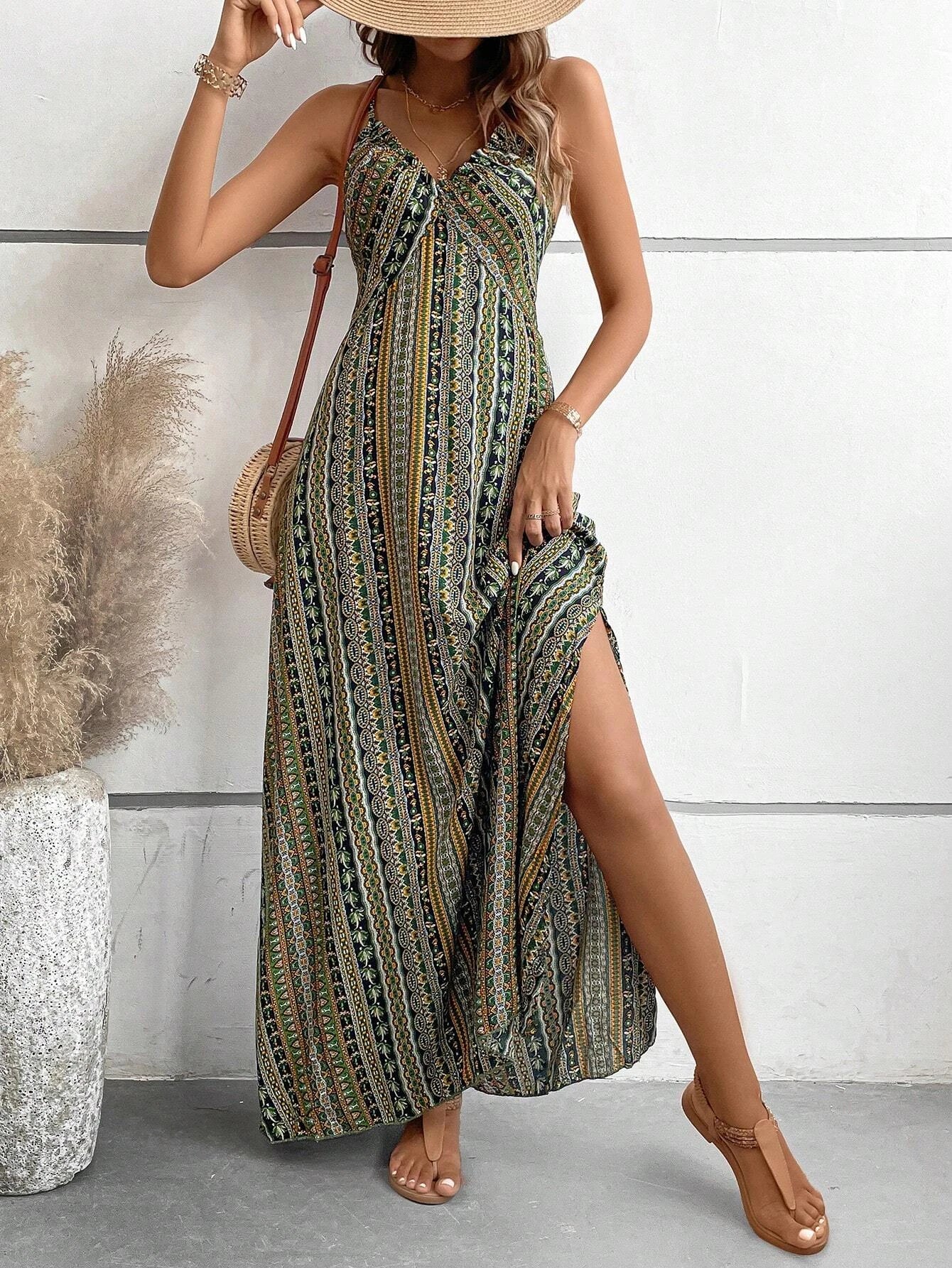Boho Ethnic Frill Trim Maxi Dress