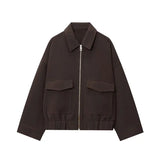 NLZGMSJ Women's 2025 Autumn Elegant Clothing Jacket Vintage Lapel Collar Zipper Full Sleeve Pocket Coat Lady Outerwears