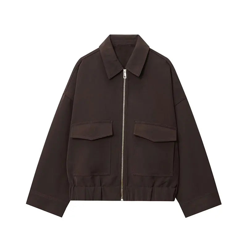 NLZGMSJ Women's 2025 Autumn Elegant Clothing Jacket Vintage Lapel Collar Zipper Full Sleeve Pocket Coat Lady Outerwears