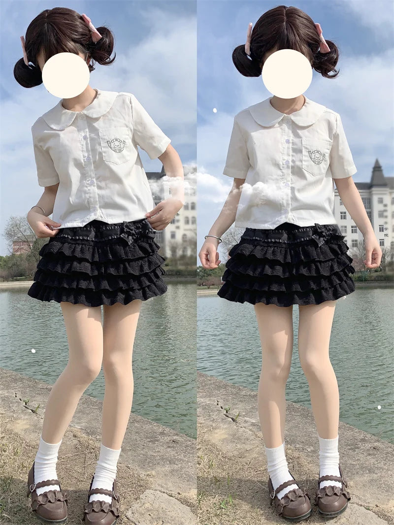 Kawaii Bow Mini Skirt – Ruffle Tiered A-Line