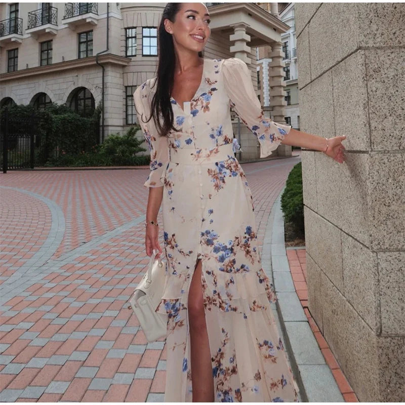 V Neck High Split Half Sleeve Slim Long Dress Print Waist Cinching Ruffle Hem Maxi Robes 2026 Women Party Vacation Vestidos