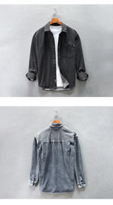 Retro American Washed Denim Jacket Loose Casual Long Sleeve Shirt for Men Autumn Fashion Urban Style Cotton Machine Washable