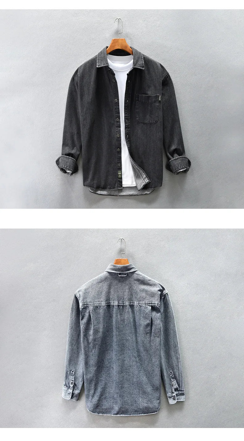 Retro American Washed Denim Jacket Loose Casual Long Sleeve Shirt for Men Autumn Fashion Urban Style Cotton Machine Washable