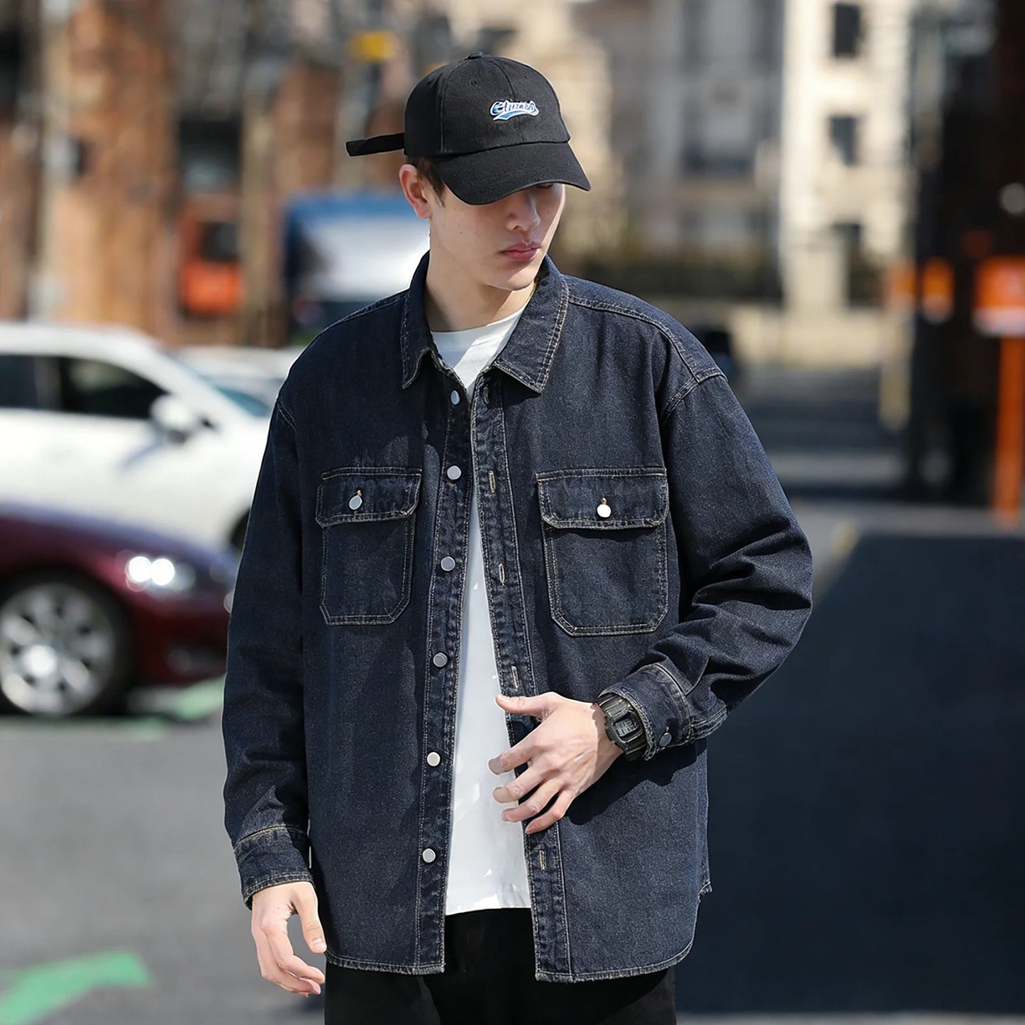 Retro Japanese Style Long Sleeve Denim Jacket Washed out Casual Workwear Versatile Spring Autumn Denim Shirt