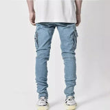 Men Street Elastic Denim Jeans Wash Solid Color Multi Pockets Cargo Pants Casual Slim Fit Daily Wear Joggers Mid Waist Trousers