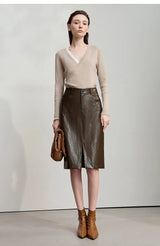 AMII Minimalist PU Leather Skirt for Women