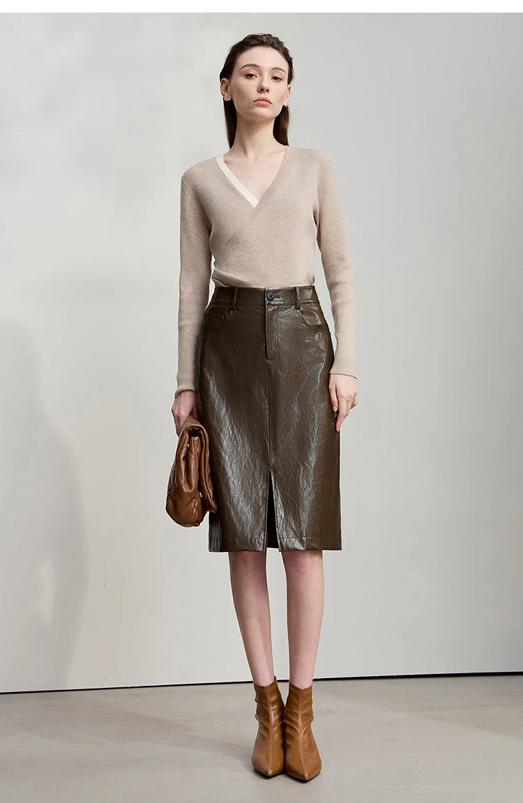 AMII Minimalist PU Leather Skirt for Women