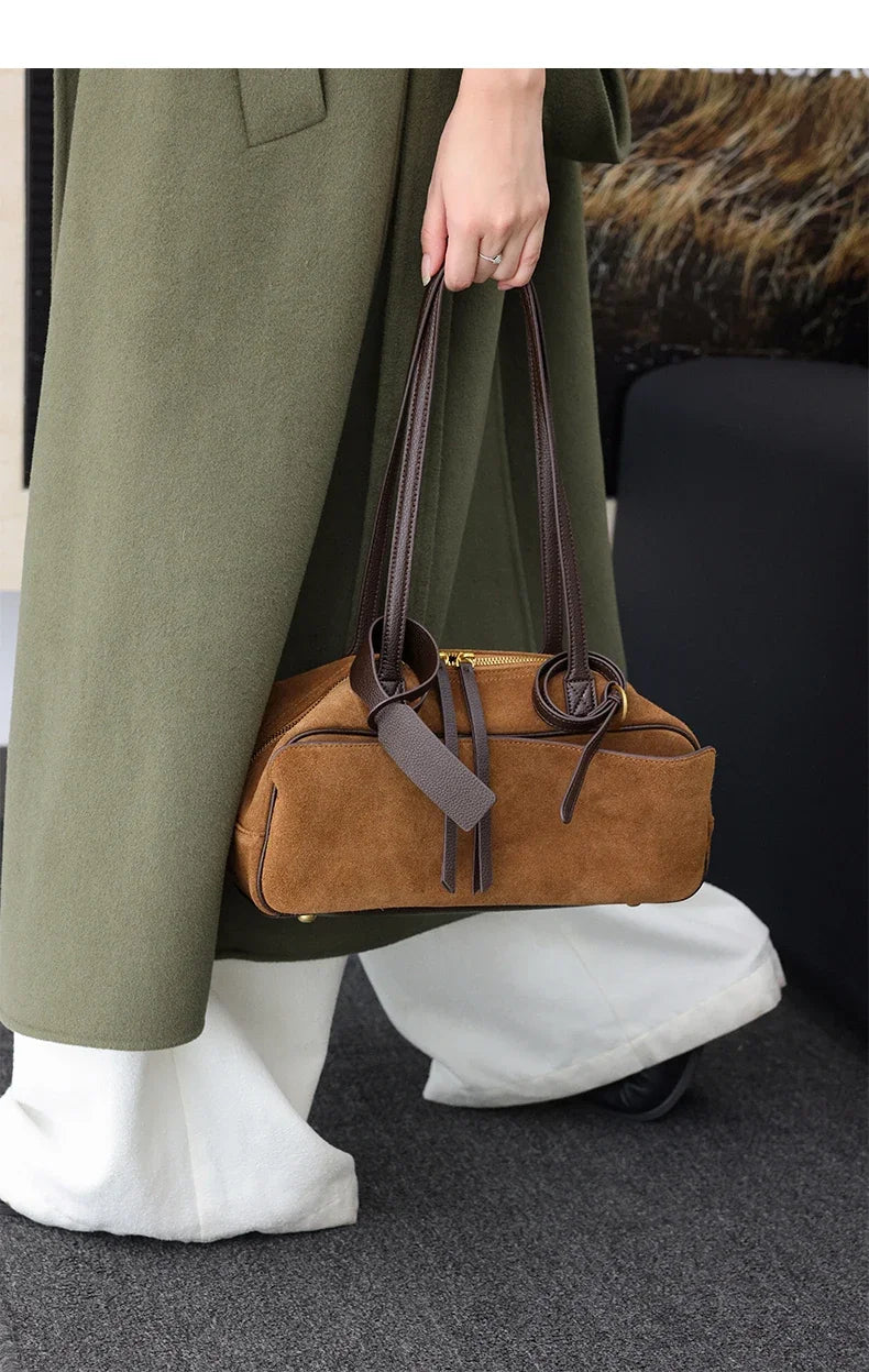 Ladies Casual Soft Suede Cowhide Handbags Women's Frosted Cow Leather Shoulder Bag Female Fashion Trend Luxury Designer Bags New