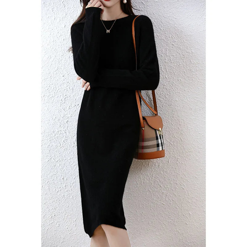 100% Merino Wool Long-Sleeve Midi Sweater Dress