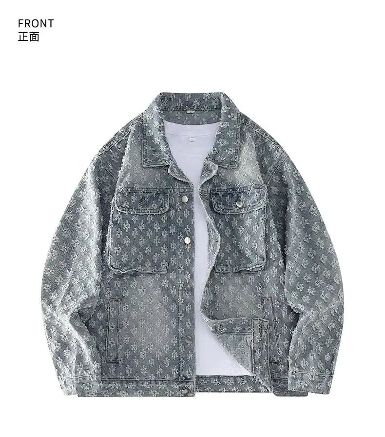Fashionable Premium Jacquard Washed Denim Jacket for Men - Autumn New Arrival American Vintage Distressed Streetwear Style