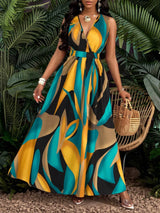 Abstract Print Sleeveless V-Neck Maxi Dress