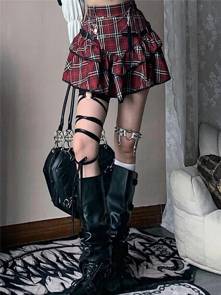 Red Plaid Gothic High-Waist Mini Skirt | Alt Fairycore Y2K