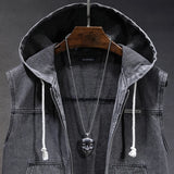 New Men's Loose Workwear Denim Vest with Hood Sleeveless Everyday Versatile Shoulder Pad Jacket Casual Unisex Outerwear