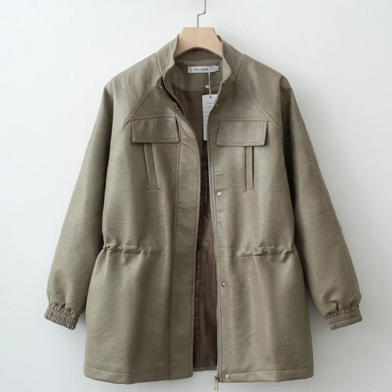 Adjustable Waist PU Leather Jacket