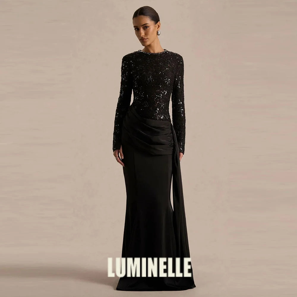Satin Lace Sequin Evening Gown – Floor-Length Formal Dress