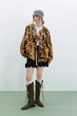 ELFSACK 2025 Gold Velvet Jacket Women's Winter Short Coat, Embroidered Goldfish Chinese Style Vintage Loose Padded Jacket