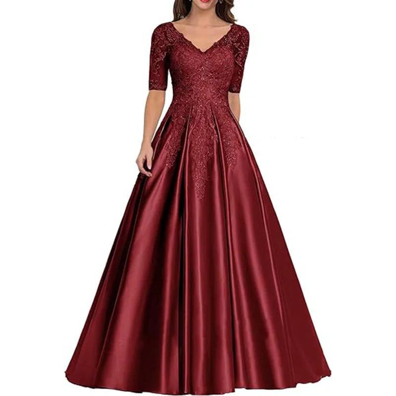 A Line Women Evening Dresses Satin Appliques V Neck Prom Party Gowns Formal Occasion robes de soirée