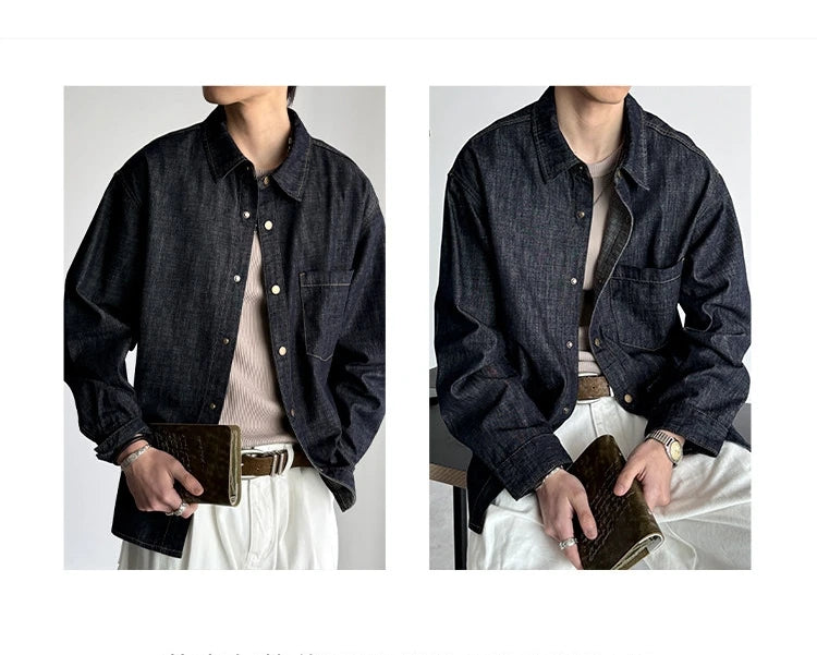 Men's American Vintage Washed Raw Denim Work Shirt Loose Fit Casual Trendy Overshirt Coat Premium Lyocell Spring Fall Streetwear
