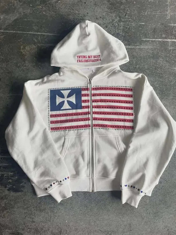 Autumn new national flag minimalist design color collision pattern men hooded sweatshirt Harajuku Y2k loose zipper sweatshirt
