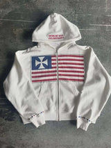 Autumn new national flag minimalist design color collision pattern men hooded sweatshirt Harajuku Y2k loose zipper sweatshirt