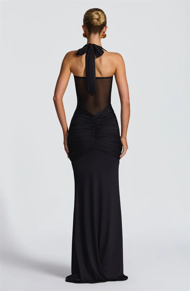 Women’s Halter Backless Maxi Dress – Off-Shoulder Ruched Bodycon Club Party Gown
