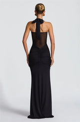Women’s Halter Backless Maxi Dress – Off-Shoulder Ruched Bodycon Club Party Gown