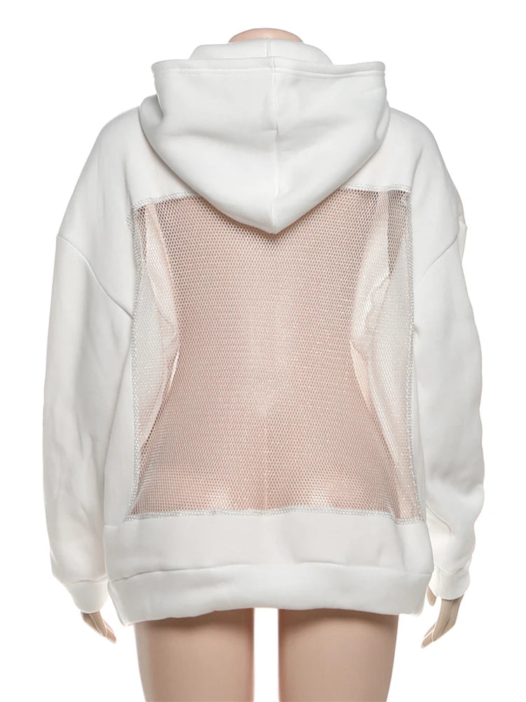 Sisterlinda Hooded Harajuku Sweatshirt Women Autumn Trend Backless ShinyThrea Mesh Patchwork Casual Street Hipster Pulloverr