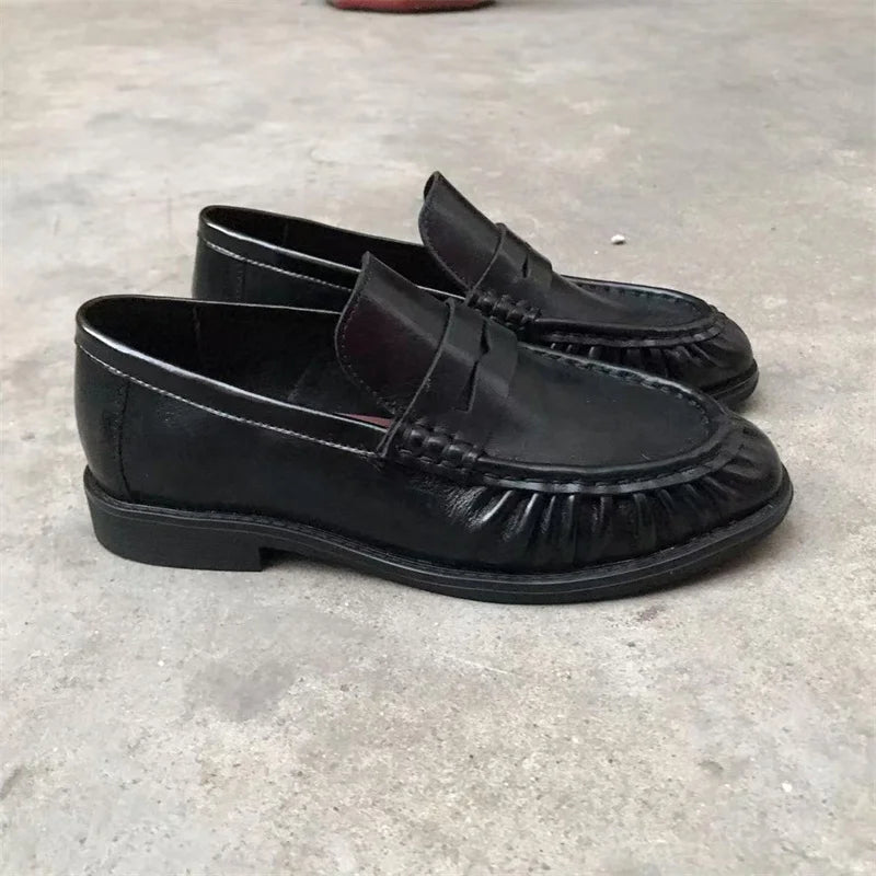New French Retro Flat Shoes Made of Pure Handmade Calf Leather, Le Fu Women's Rubber Sole, One-Step Comfortable and Casual Singl