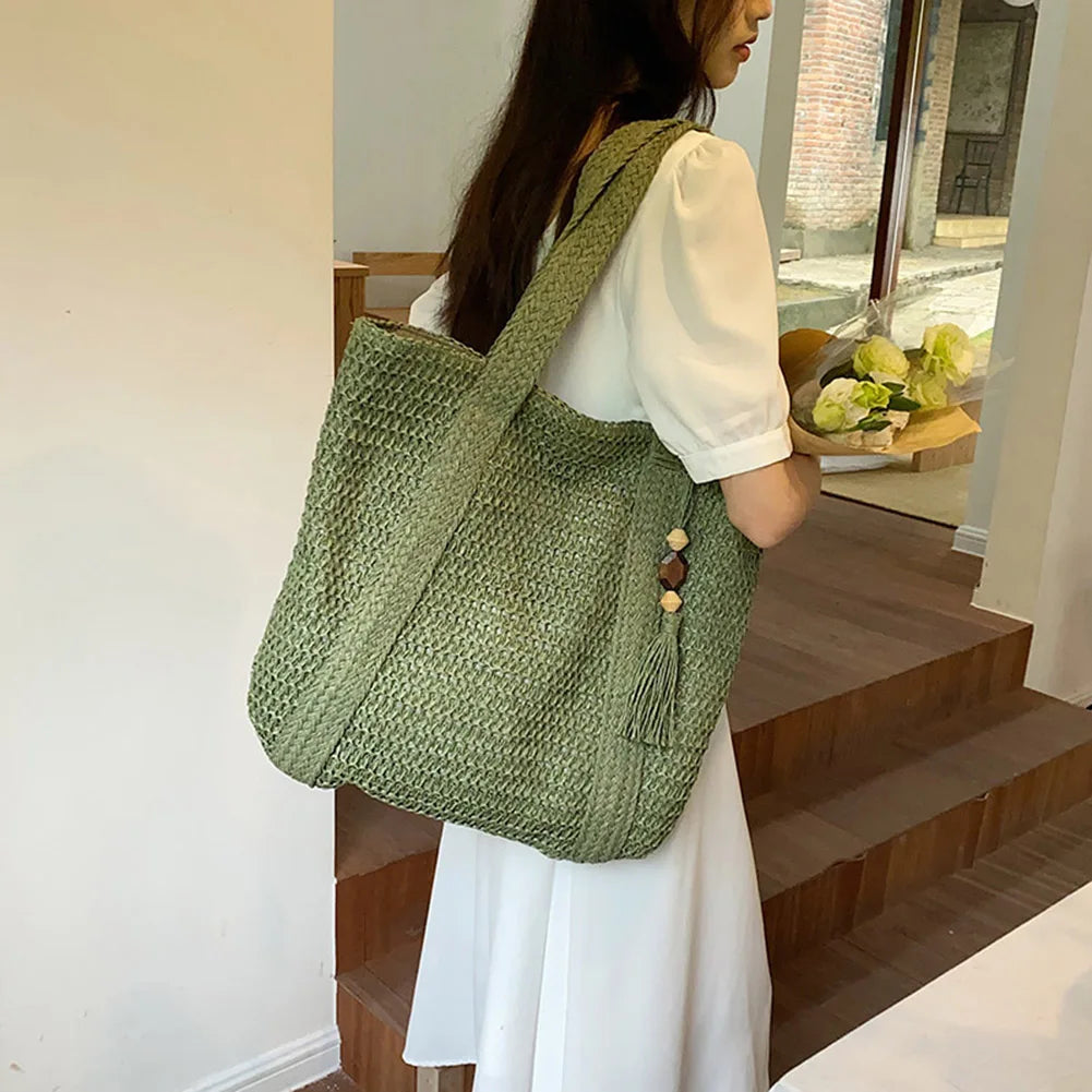 Woven Handbags Ladies Summer Woven Totes Bag with Tassel Women Shoulder Bag Large Capacity Fashion Straw Female Shopper Bag
